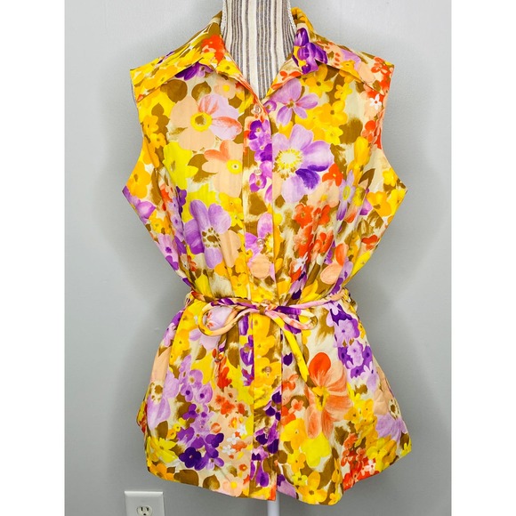 Vintage 70s Lady Manhattan Vibrant Floral Sleeveless Top Belted Size Large Retro - Picture 2 of 11